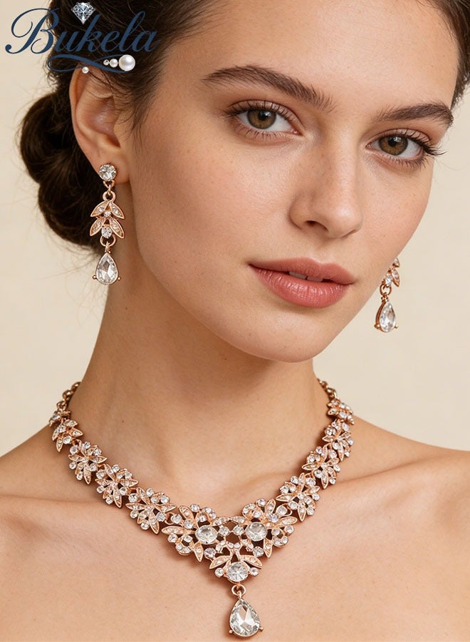Bukela 2 Piece Rose Gold Floral Jewelry Set - Teardrop Necklace Earrings for Wedding Evening Party - Image 1
